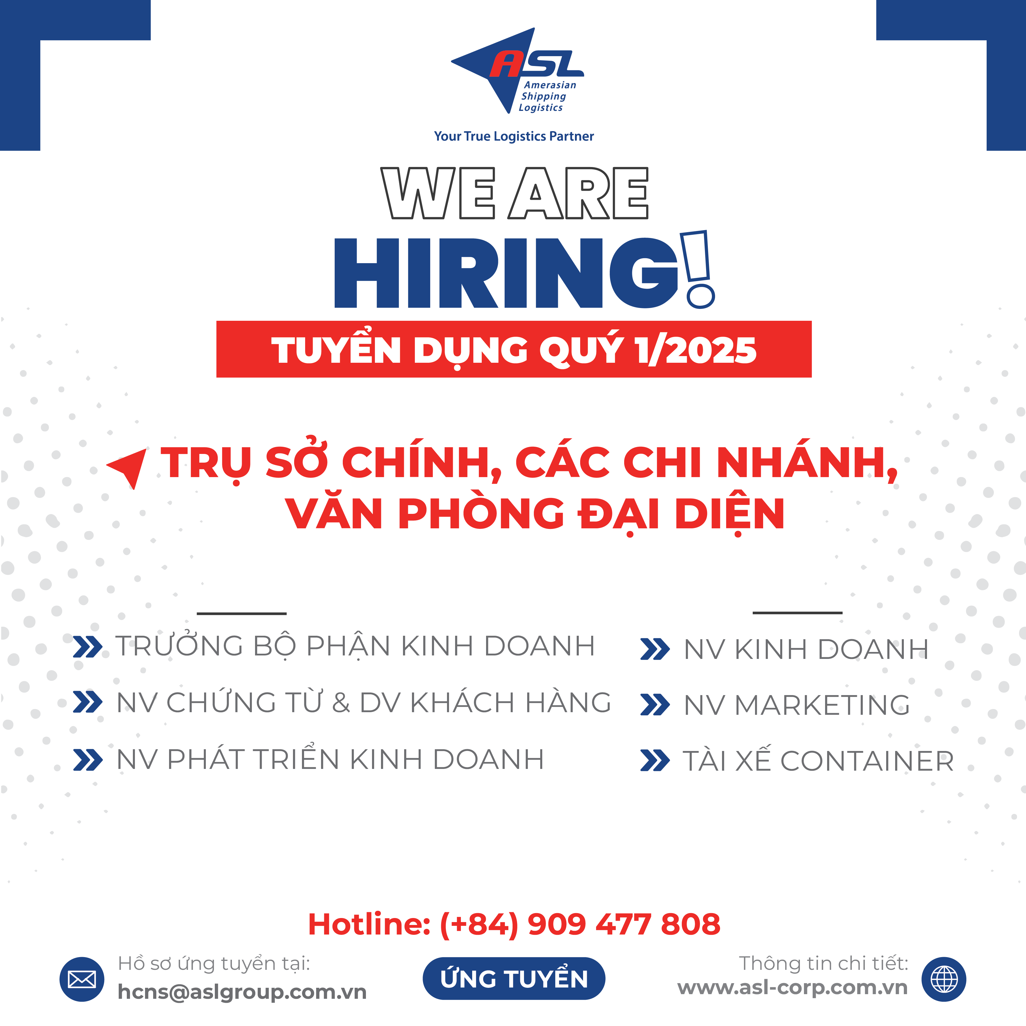 ASL LOGISTICS THÔNG BÁO TUYỂN DỤNG QUÝ 01 - 2025